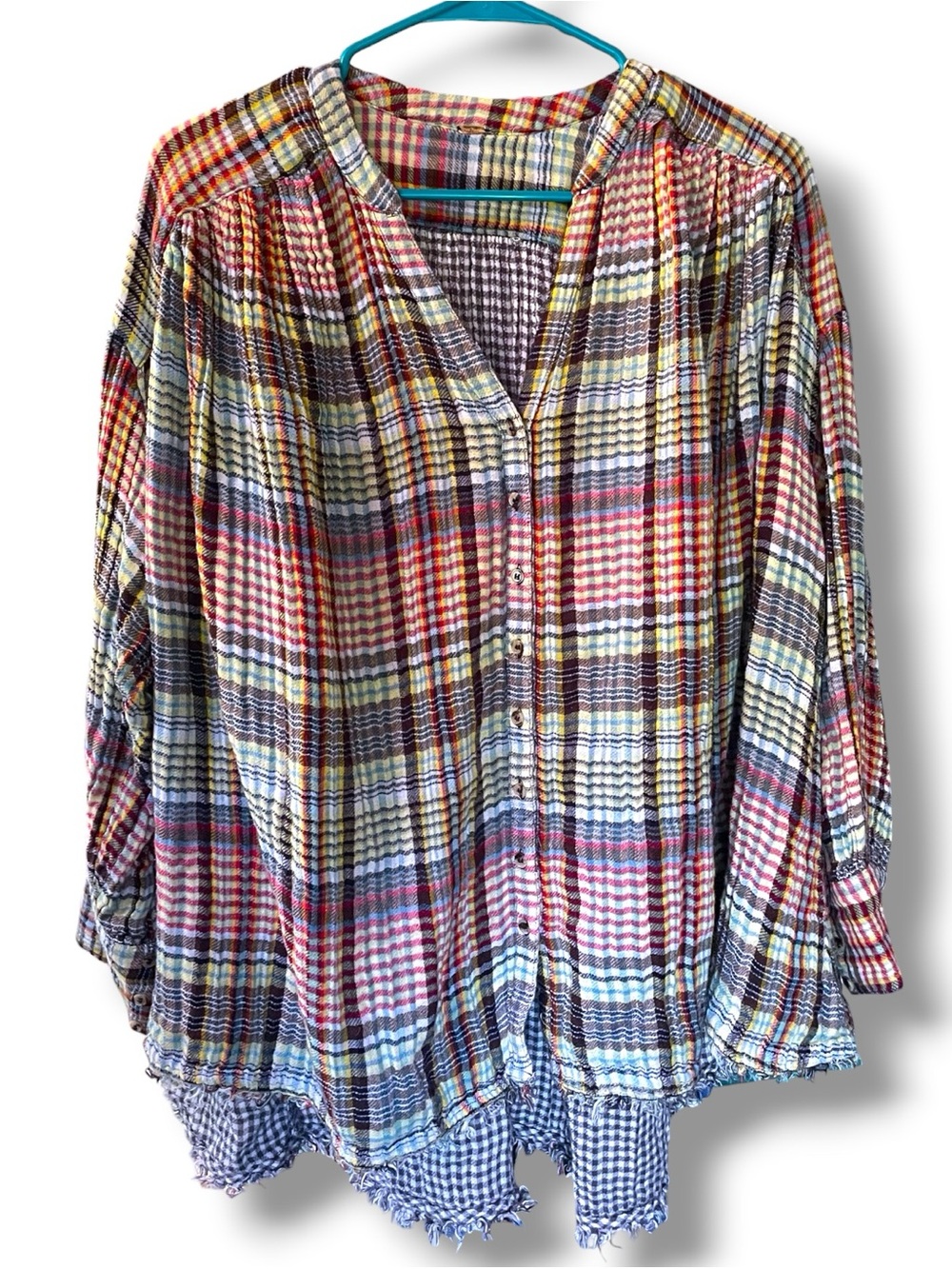 Free People Come On Over Shirt Size Large Plaid Button Up Raw Hem Oversized Top